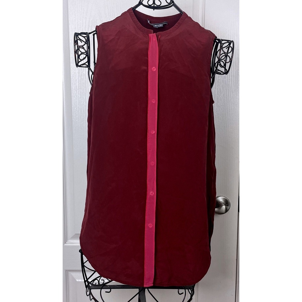 Vince Sleeveless Silk Blouse Burgundy Pink Contrast Button Front Top Medium $325